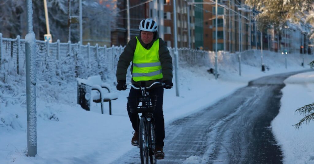 通勤・通学中の自転車安全運転チェックリストをまとめたイラスト。信号遵守・左側通行・ライト点灯を示す。