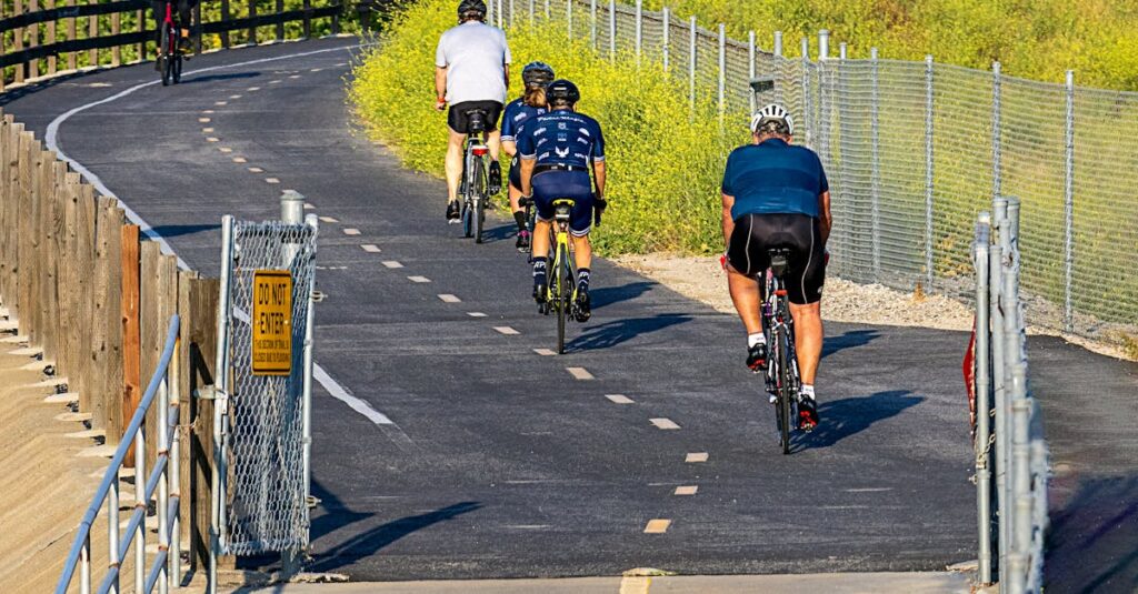 自転車利用者・歩行者・車が調和する交通社会のイラスト。安全意識の向上を象徴する明るい街並みを描く。